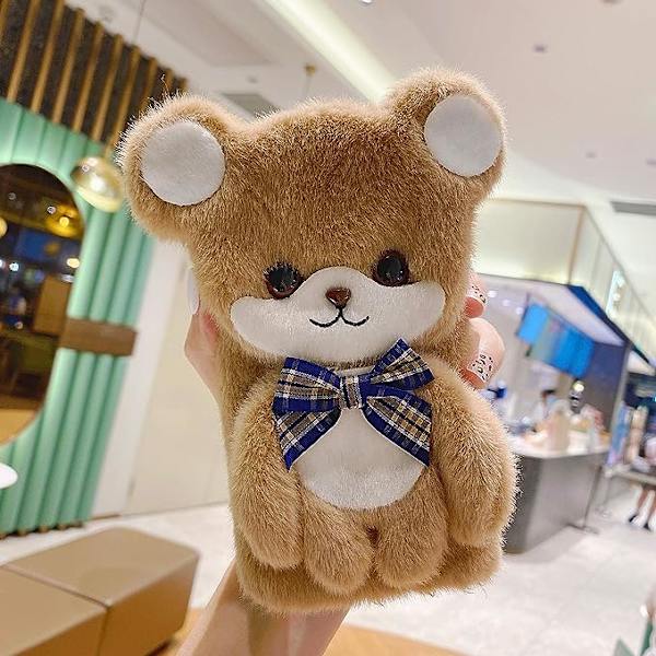 Kompatibel med iPhone 13 Pro Max Fuzzy Plush Case Søt 3D Morsom Tegneserie Bjørn Håndlaget Fluffy Pels Pels Sløyfe Vinter Varm Glatt for Kvinner Jente Myk