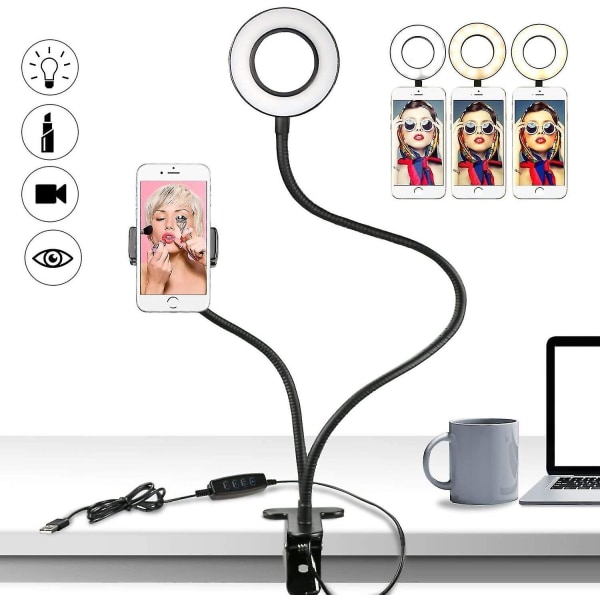 Led Selfie-lys med mobiltelefonhylster, 3 lysmoduser og 10 lysstyrkenivåer Led Rin