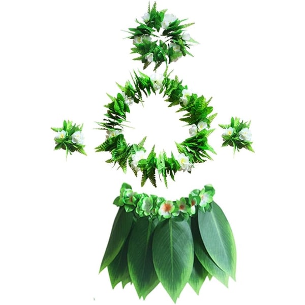 Hula Nederdel Hawaiian Party Grønne Blade Blomster Halskæder Armbånd Pandebånd Elastic Dancer