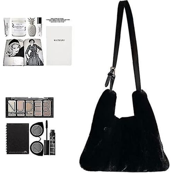 Plush Axelväska Mjuk Fluffig Tote Väska Konstpäls Crossbody Väska Justerbar Axelrem Svart