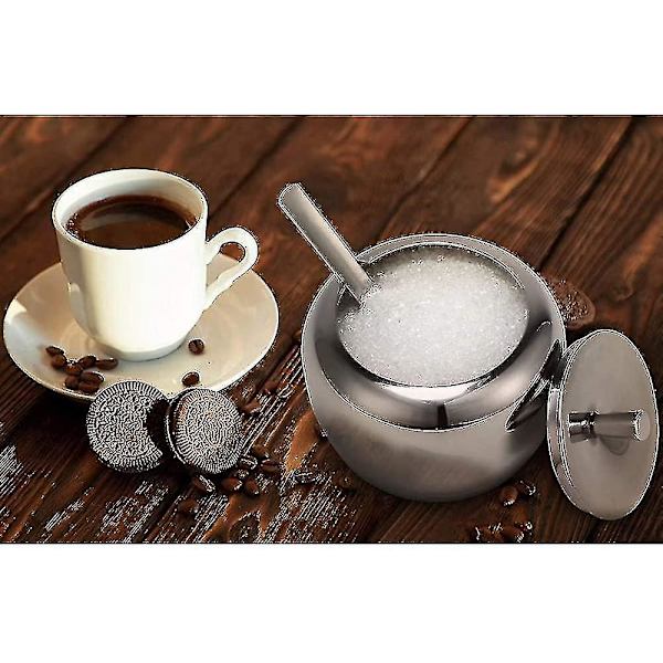 Sukkerskål i rustfrit stål med låg og ske, stor sukkerrør, sukkersalt og peberbøsse