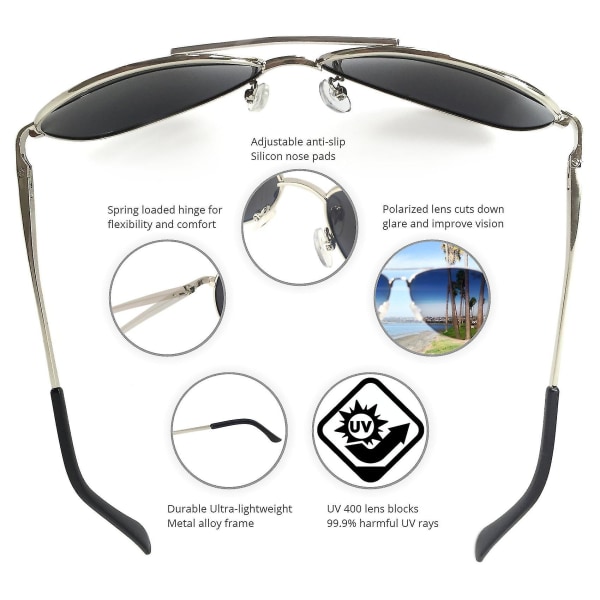 Premium Military Style Klassiske Aviator Solbriller, Polariseret, 100% UV-beskyttelse Sort