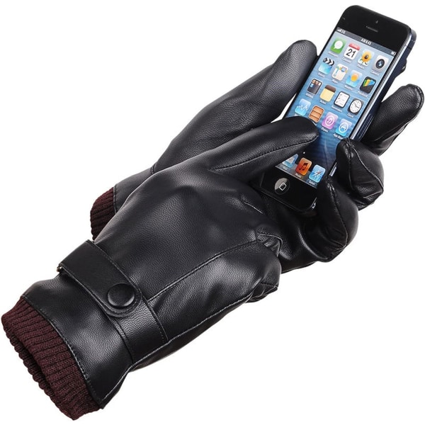 Herr vintersvarta PU-läderhandskar, fingertoppar pekskärm tjocka handskar, vattentäta och vindtäta för utomhuscykling