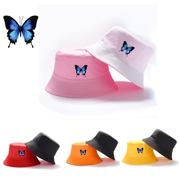 Hot Sale Harajuku Blå Sommerfugl Spand Spand Unisex Casual Strand Solhat Ukraine National Emblem Guld Foldbar Bomuld Panama Hat Blue Butterfly 03