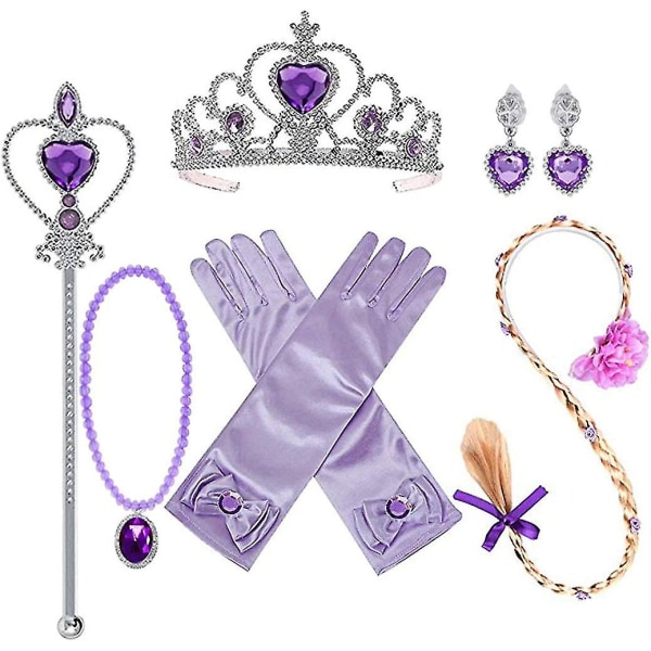 Princess Rapunzel Dress Up Accessoarer för tjejer inklusive Rapunzel Peruk Crown Scepter Handskar Halsband Örhängen Rapunzel Sofia Festpresenter Princess Cos