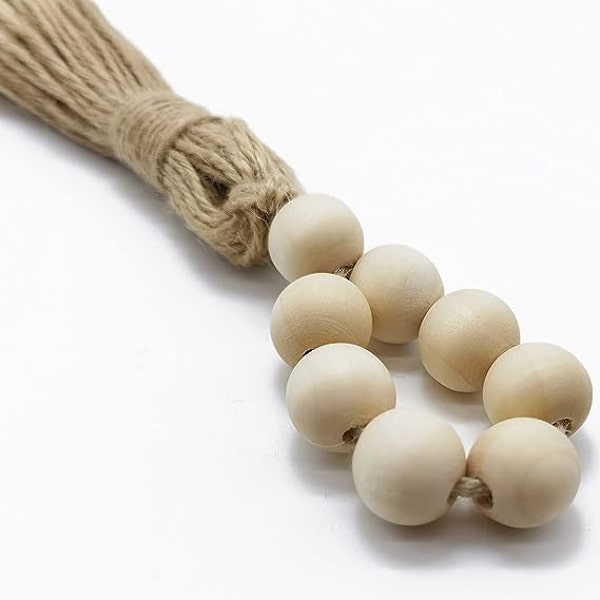 12 st. Träpärl-Girlang med tofsar, lantlig stil, rustika pärlor, bönhalsband, väggdekoration, servettringar, bröllop, heminredning