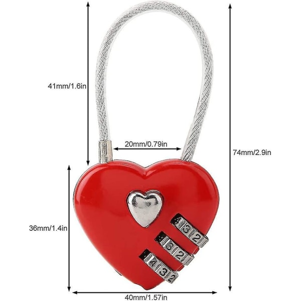 Hjärtformat hänglås, mini 3-siffrig kodlås, med kärlek hjärta vajer, lösenordslås
