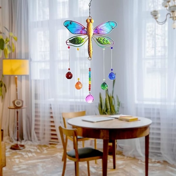 Dragonfly Suncatcher med krystalkugle, Dragonfly Vindueshængende Crystal Suncatcher Ornament til havens boligindretning
