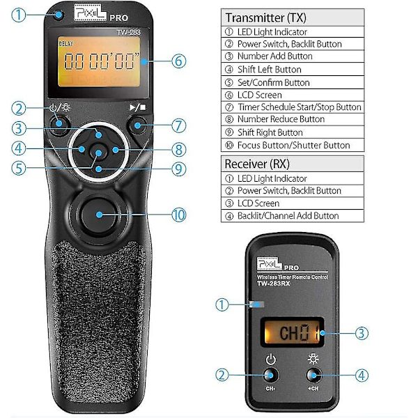 TW-283 DC2 Digital trådlös fjärrkontroll intervallometer kabelutlösare fjärrslutare med timer för Nikon-kameror