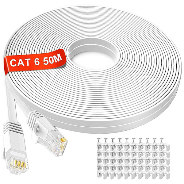 Ethernet-kaapeli 50m, Cat6 Extra Long Flat Internet-kaapeli 50 metriä, Nopea Verkkokaapeli Valkoinen, Rj45 Liitin Lan-kaapeli Yhteensopiva
