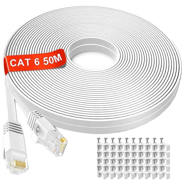 Ethernet-kabel 50 m, Cat6 ekstra lang flat internettkabel 50 meter, høyhastighets nettverkskabel hvit, Rj45-kontakt LAN-kabel kompatibel