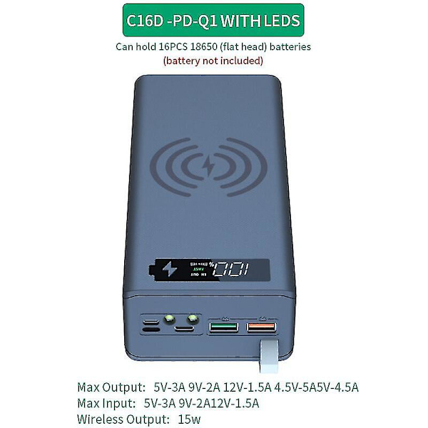 16 * 18650 Akun Kotelo PD 3.0 10W Nopea Langaton Lataus DIY Power Bank Kotelo 18650 Akun Latauspidike Puhelimelle