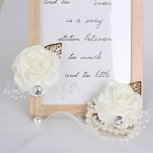 Håndleds Corsage Rose Brudepiger Bryllup Blomster Prom Corsage og Boutonniere Sæt til Bryllupsfest Prom Brudgom Brude (Hvid)