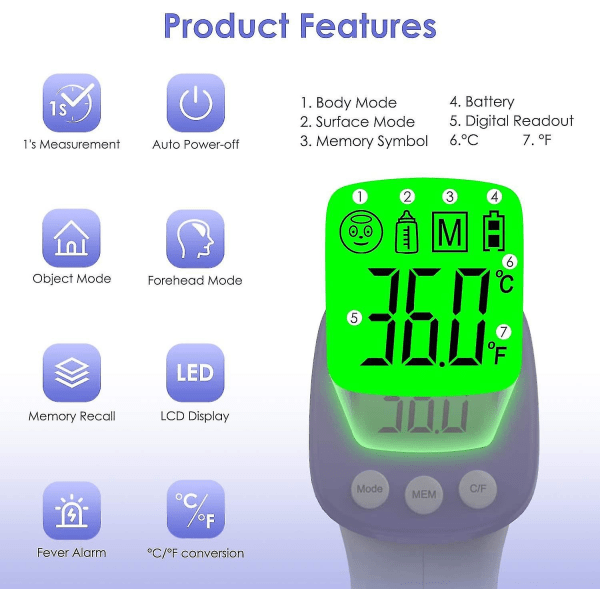 Otsalämpömittari Infrapuna aikuisten lämpömittari, kosketukseton lämpömittari, LCD-näyttö, muistitoiminto, infrapunalämpömittari C:lle