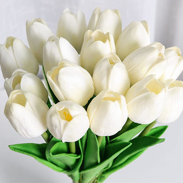 Kunstige Tulipaner Blomster, Kunstige Blomster Kunstige Tulipaner 12 stk Hvite Tulipaner Real Touch Brude Bryllup Bukett for Hjem Hage Fest Flo