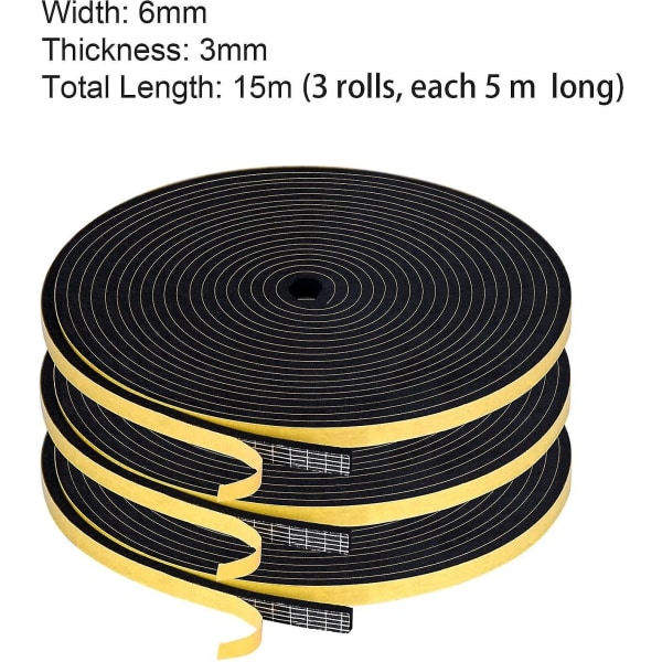 Självhäftande väderremsa av skum, 6mm(b) X 3mm(t) 3 rullar, totalt 15m lång