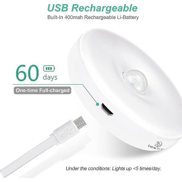 Automatisk LED Natlys Indvendig Bevægelsessensor Lys Trådløs LED Lys 3 Tilstande (auto/til/fra) USB Genopladeligt Lys [Energiklasse A+++] 3 Styk