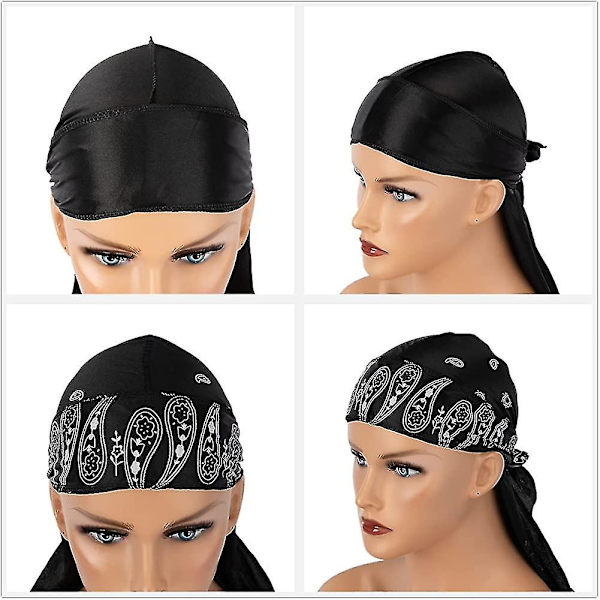 2 stk. for menn, glatt silke pustende Durags Paisley Do Rag Wave Cap med Acsergery lang gave