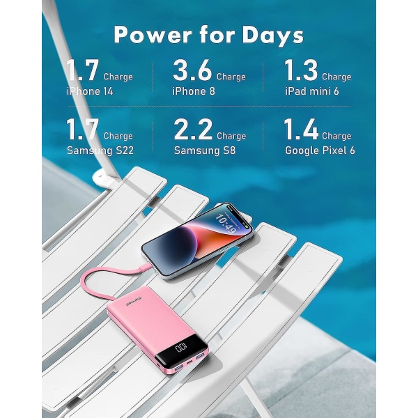 Virtapankki sisäänrakennetuilla kaapeleilla X 4, 10000 mAh:n USB C -akkupankki 6 lähtöä 3 tuloa LED-näytöllä Type C Powerbank Portable Cha