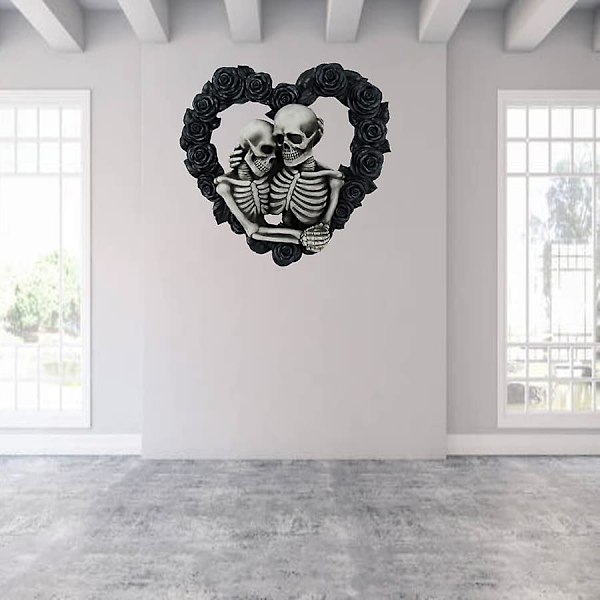 GHYT Our Love is Eternal - Vakker gotisk hodeskalleelsker Klem Svart rosekrans Veggskulptur Romantisk gotisk Valentinsdagsgave Home Decor Dør