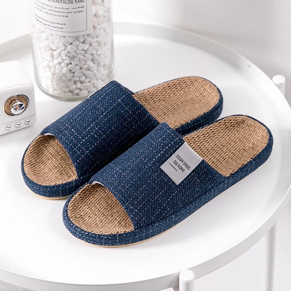 Andningsbara linnestofflor för män och kvinnor, halkfria, mjuka hemmtofflor för sommaren navy 9-9.5