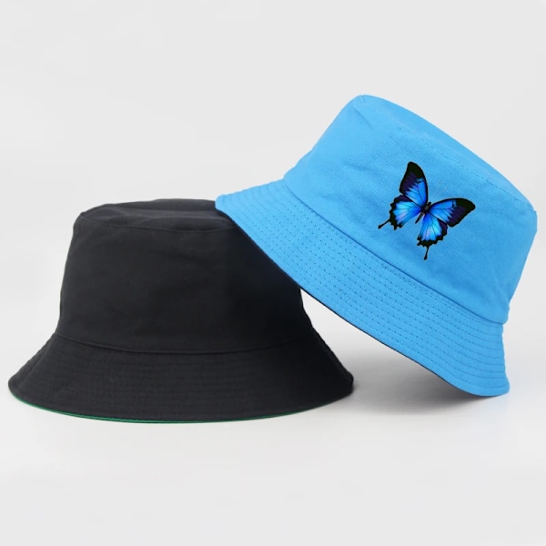 Hot Sale Harajuku Blå Sommerfugl Spand Hat Unisex Casual Strand Sol Hat Ukraine National Emblem Guld Foldbar Bomuld Panama Hat Blue Butterfly 08