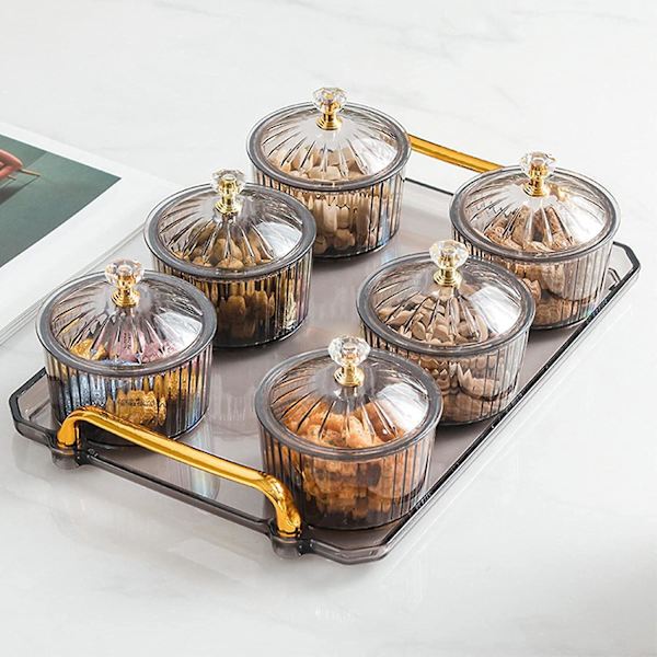Frukt Dessert Snacks Serveringsfat, 6 Skålar Med Lock För Aptitretare, Grå
