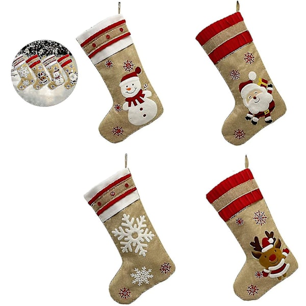 Ny Juteströmsjulstrumpa Set med 4 st Broderad Linne Juldekor