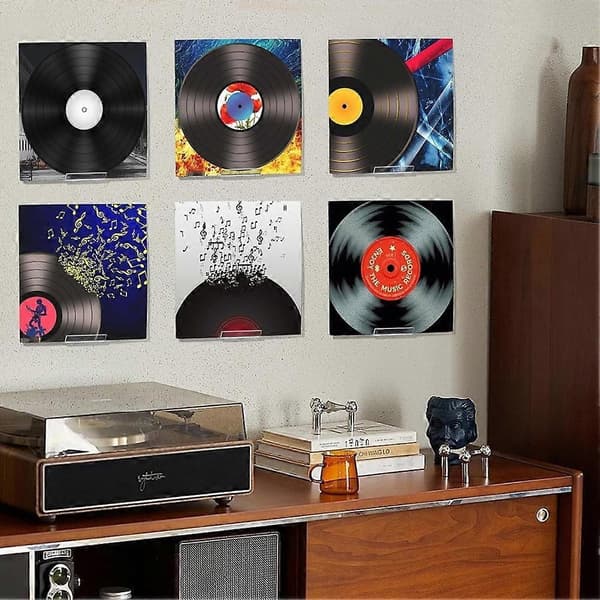 6-pak vinylpladeholder vægmontering uden boring, selvklæbende akrylpladehylde displayreoler til