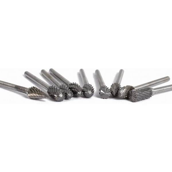 10 stk. 1/8\" Wolframcarbid Burr, dobbeltsidigt roterende burr 3mm skaft passer til Dremel roterende værktøjer gravering bits Milli