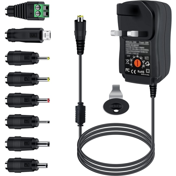 30W Universal Strømforsyning, Dalugo 3V 4.5V 5V 6V 7.5V 9V 12V 2A AC/DC Skiftstrømforsyning Oplader med 8 Adapterspidser til 3V-1