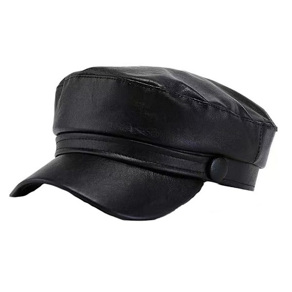 Damhatt Pu Boy Peak Beret Flat Top Läder Marinblå Hatt Japansk Retro All Match