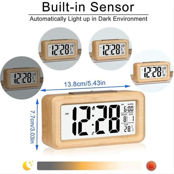 Enkel att ställa in bambu digital väckarklocka med temperatur, datum, bakgrundsbelysning, snooze, för sovrum, sängbord, hem, kontor