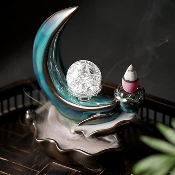 Crescent Moon reflux røgelse holder, vandfalds røgelsebrænder med krystalkugle, keramisk håndlavet røgelse springvand aromaterapi, velegnet til hjemmet