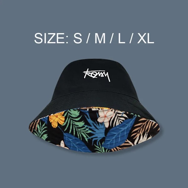 Dubbelsidig blommig fiskarehatt herr dam XL storlek bokstav stort huvud hatt sommar casual street solhatt Bob Panama black M (56-58cm)