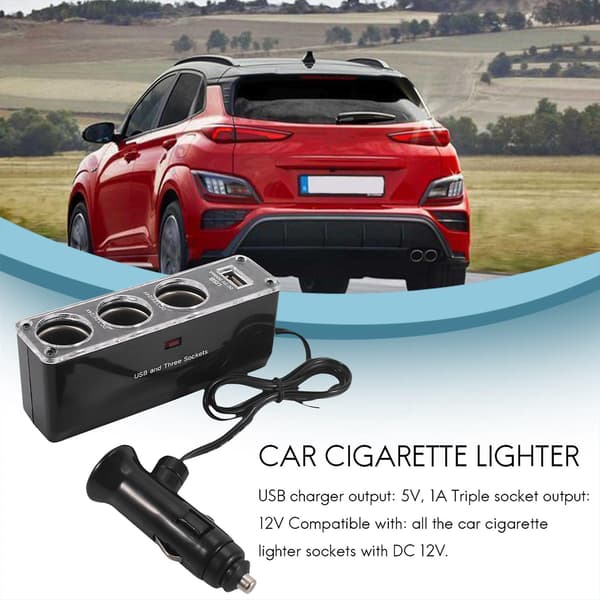 3-veis Multi-kontakt Bil-lighter Splitter USB-plugglader DC 12V/24V Trippeladapter med USB-port