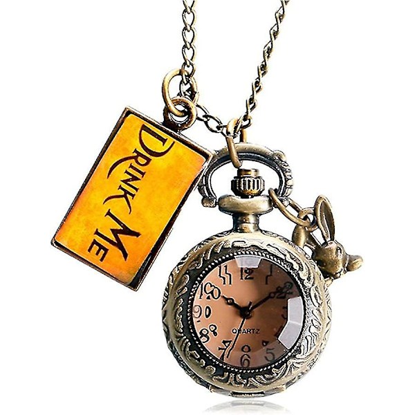 Alice In Wonderland -aiheinen 3D-pronssiefekti naisten kvartsi taskukello kaulakoru - 32 tuuman / 80 cm ketjussa