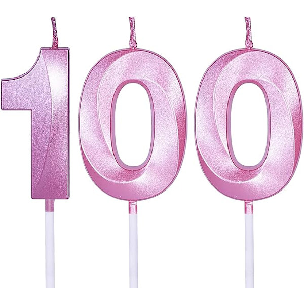 Vaaleanpunaiset 100-vuotissyntymäpäiväkynttilät kakkuihin ja kuppikakkuihin, numero 100 kynttiläkakkukoriste juhlaan, vuosipäivään, hääjuhlaan