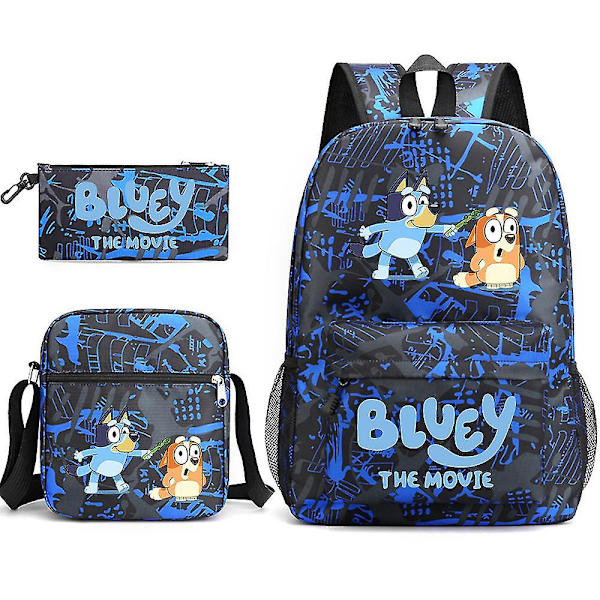 Blå Bluey tredelt skolesekk Blue Flower 2