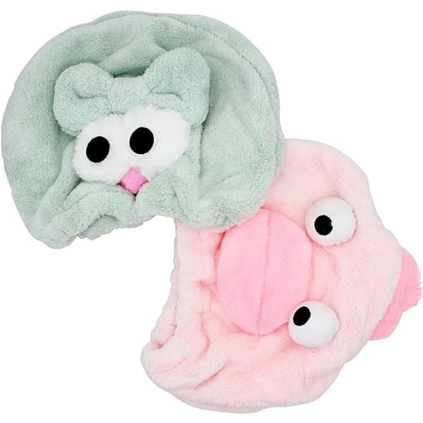 2 stykker børnehårtørrende håndklædeindpakning, hårtørrende hætte, hurtigtørrende hårturban, hurtigtørrende hårhåndklæde, hårtørrende indpakninger, grøn alf og pink store læber