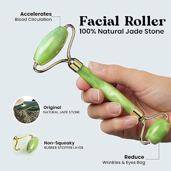 Gua Sha & Ansiktsrulle för Ansiktet - Premium Certifierad Jade Naturlig Läkande Kristall Självomsorgsgåvor för Kvinnor - Ansiktshudvård Verktyg Muskelavslappnande Rel