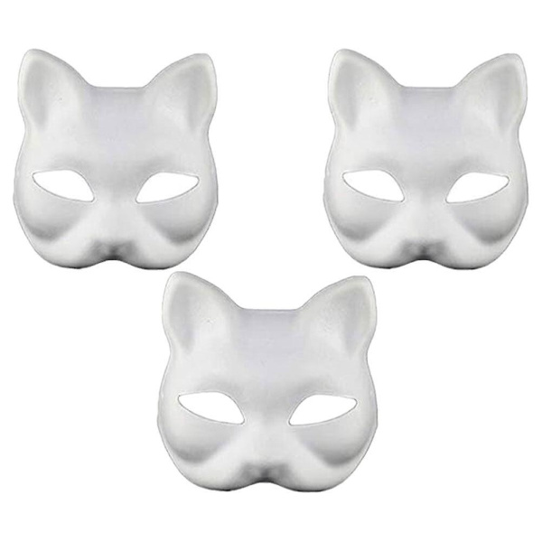 3 st Kattmasker för Maskeradkostym, Omålade Pappersmasker, Omålade Kattmasker