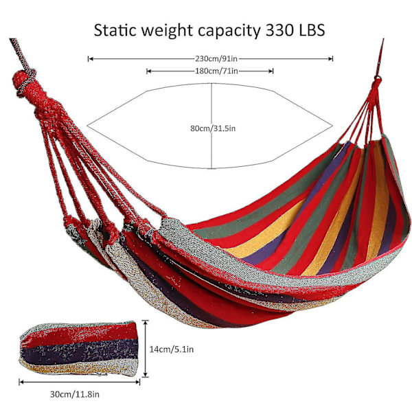 1-personers utomhus hängmatta i bomull 190 x 80 cm, lastkapacitet upp till 150 kg, bärbar gungbädd för strand, uteplats, veranda