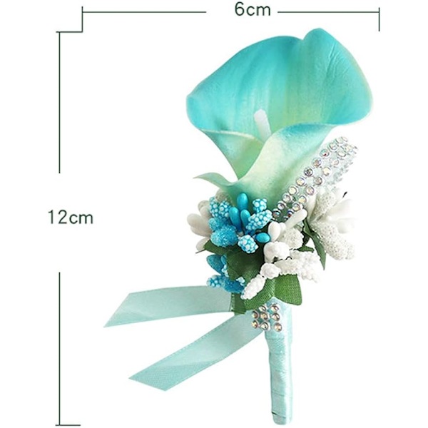 Calla Lily Blå Boutonniere Håndlaget Silkeblomst med Bånd Corsage for Brud Grooms Bryllup Fest 6 Pakker