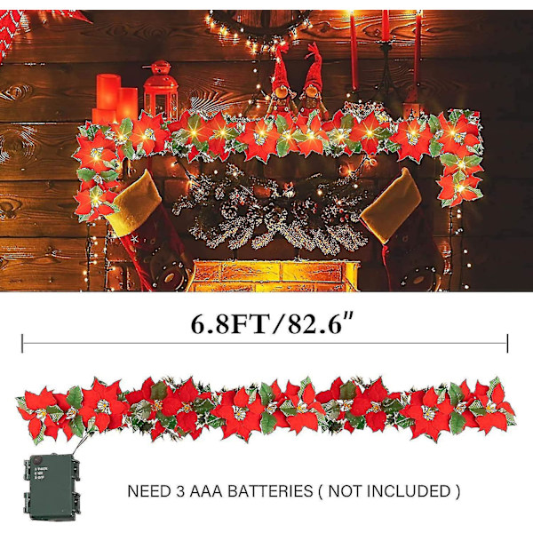 2-pack 2m julstjärna blommor girlang dekorationer, 10 LED-upplysta konstgjorda sammetsband