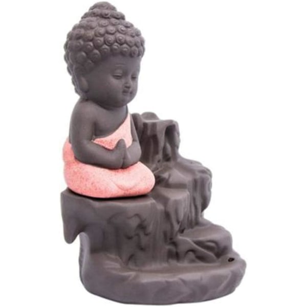 Røgelse Vandfald Tilbagestrømning Stativ Keramik, Keramisk Buddha Statue, Lille Munk Pagode, Konisk Stang Askeopsamler Med 20 Tilbagestrømning Røgelse Kegle (Rød)