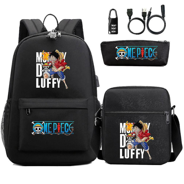 3 kpl / set One Piece Anime School -reppu Oxfordin USB -laukku, lähettilaukku ja kynälaukku