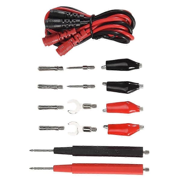 Et 16-delt multimeter testprobe og et testsæt, en erstatningstestledning og en probe til et digitalt multimeter. Reddish black