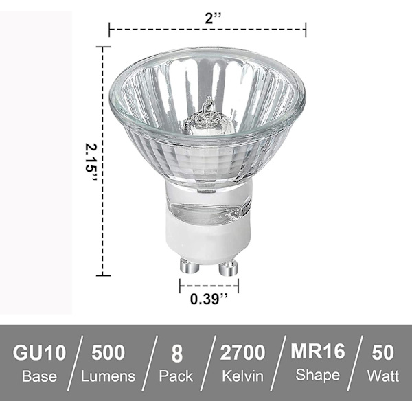 GU10 Halogenpære, 50W 230V Dæmpbar GU10 Pære, 500lm Varmt Hvidt 2700K, Til Skabbelys, Displaybelysning (8 stk.)