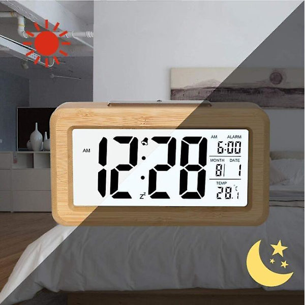 Enkel att ställa in bambu digital väckarklocka med temperatur, datum, bakgrundsbelysning, snooze, för sovrum, sängbord, hem, kontor